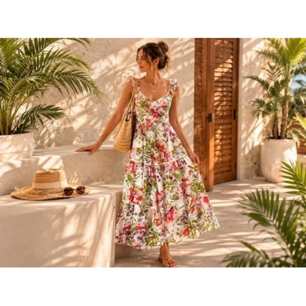 Abel the Label Womens Small Floral Smocked Tiered Maxi Dress White Multicolor